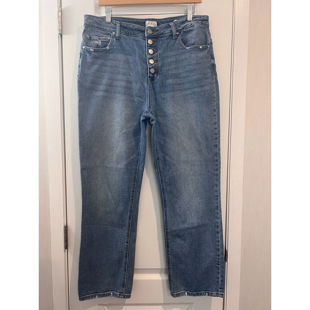 Wonderly Women's Cropped Straight Stretch Jeans Button Fly Distressed Size 14